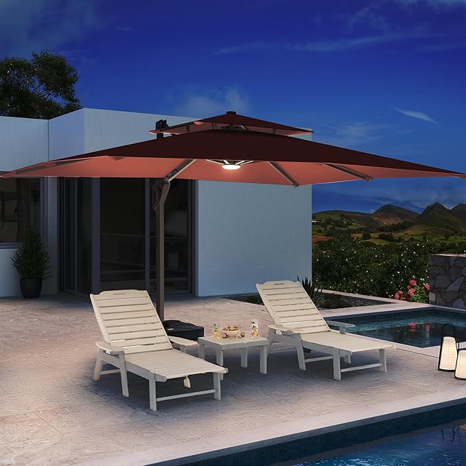 10 X 13 FT Cantilever Patio Umbrella with LED Lights Outdoor Heavy Duty Double Top Windproof Rectangle Offset Umbrellas with 360-degree Rotation for Pool Deck Backyard, Wine Red