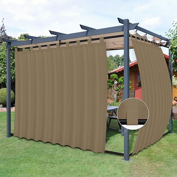 Easy-Going Outdoor Patio Curtains Detachable Tab Top Windproof Weatherproof Curtain for Cabana, Porch, Pergola and Gazebo, Tab Bottom Drape, 2 Panels, 110W x 108L inch, Khaki
