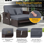 LDAILY Moccha Outdoor Daybed, Wicker Loveseat Sofa Set with 4-Postion Adjustable Backrest, Storage Ottoman, Cushions, Rattan Double Bed Lounger, Patio Furniture Set (Gray)