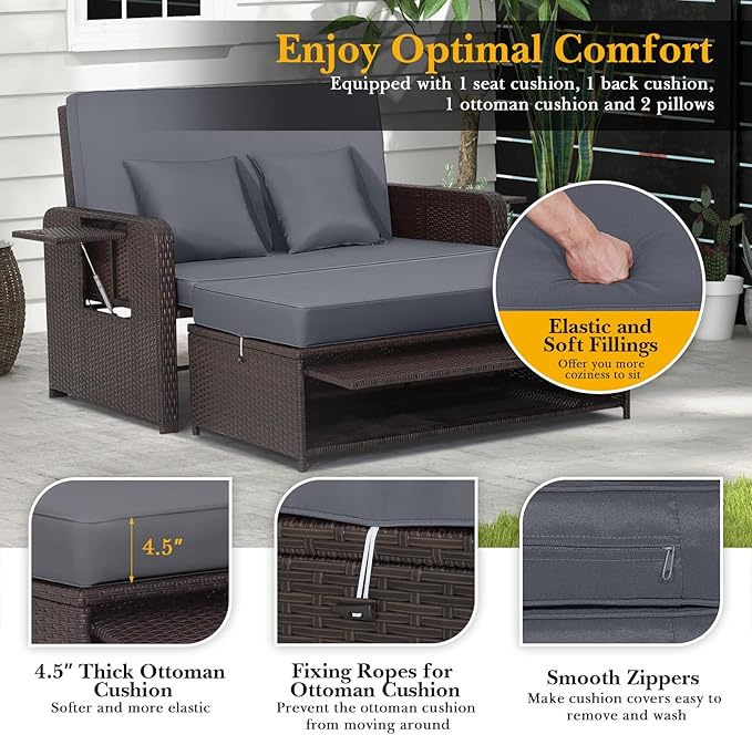 LDAILY Moccha Outdoor Daybed, Wicker Loveseat Sofa Set with 4-Postion Adjustable Backrest, Storage Ottoman, Cushions, Rattan Double Bed Lounger, Patio Furniture Set (Gray)