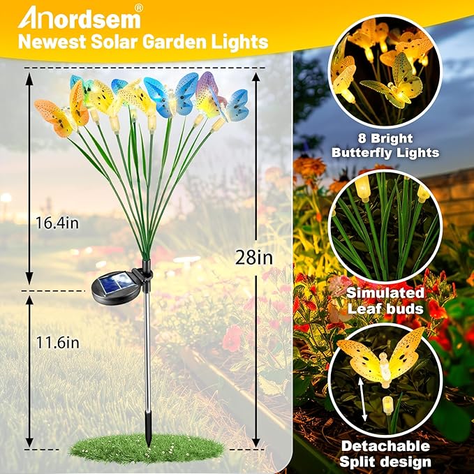 Anordsem Solar Garden Lights Outdoor: 8 Removable Fiber Optic Fabric Butterflies 4 Pack - Waterproof Fun Animal Decoration for Yard Patio - Gardening Gifts for Garden Lovers