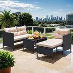 Devoko Outdoor Patio Furniture 3-Piece Rattan Waterproof Outdoor Sectional Sofa All-Weather L Shaped Patio Couch with Cushion Glass Table for Balcony, Garden (Beige)