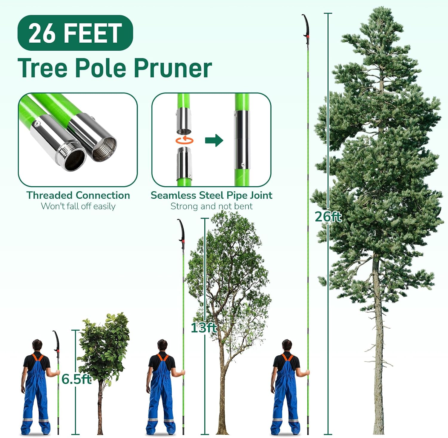 VINGLI 26FT Manual Pole Saw for Tree Trimming, Extendable Tree Pruner, Sharp Steel Blade and Scissors, High Tree Branch Cutter with Lightweight 8 Fiberglass Long Handles, for Pruning Palms and Shrubs