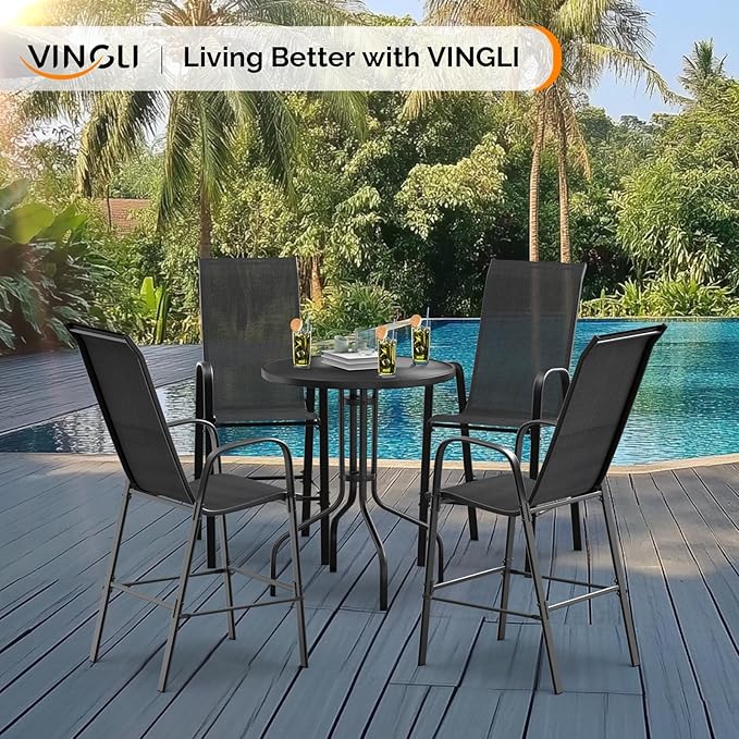 VINGLI Set of 2 Stackable Outdoor Bar Stools – Sling Chairs with High Back & Armrests, for Lawn, Garden, Bar, Black