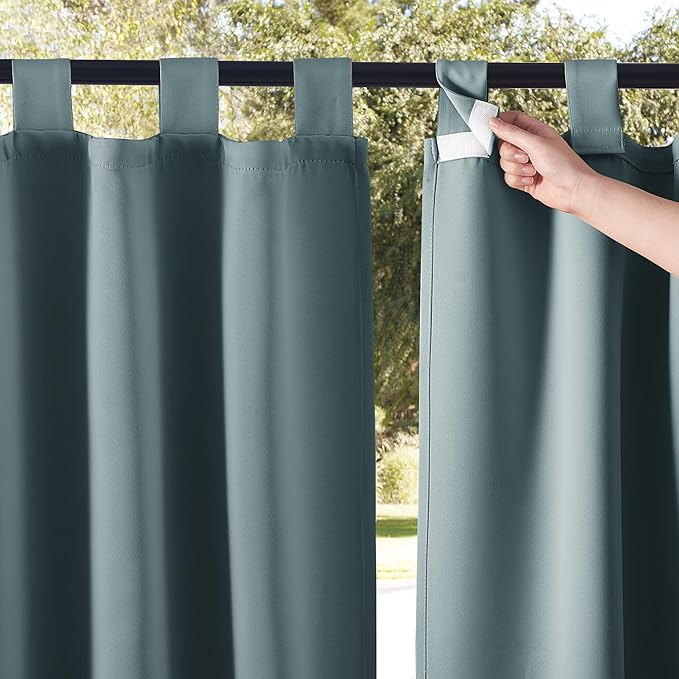 NICETOWN 2 Panels Greyish Blue Porch Curtainss Outdoor Waterproof for Patio, Self-Stick Tab Top Blackout Heat & Cold Block Indoor Outdoor Curtainss & Drapes Privacy for Pergola/Patio, W52 x L108