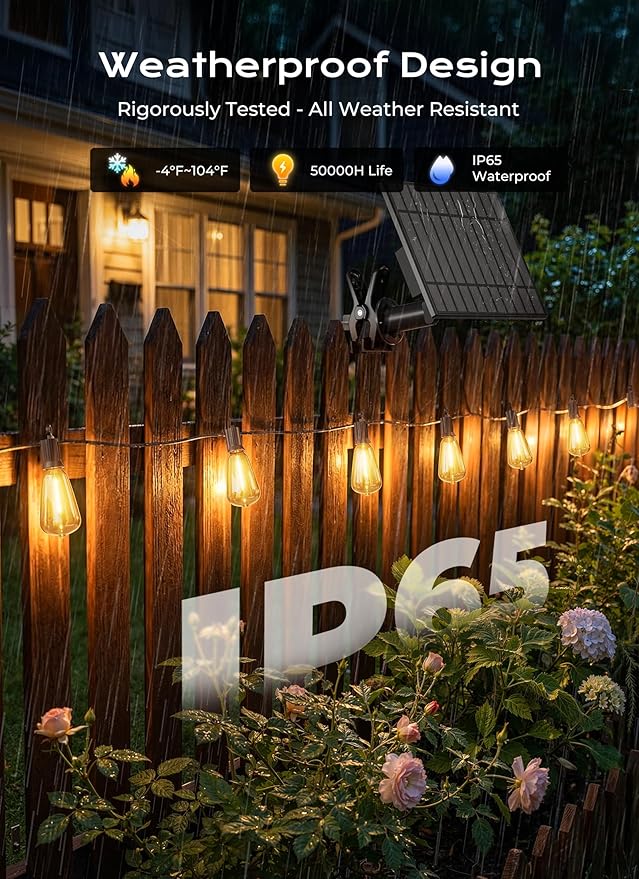 Brightown 108FT 50 LED Solar String Lights Outdoor Waterproof, Patio Lights with Remote, Dimmable & Timable, 3 Light Modes, Solar Lights Outdoor for Yard Camping Party Outside
