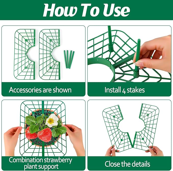 6 Sets Strawberry Plant Support with Mesh Plant Cover,Strawberry Growing Racks Sets with Iron Plant Nails and Storage Bag for Garden Strawberry Vegetables(White Net - Square)