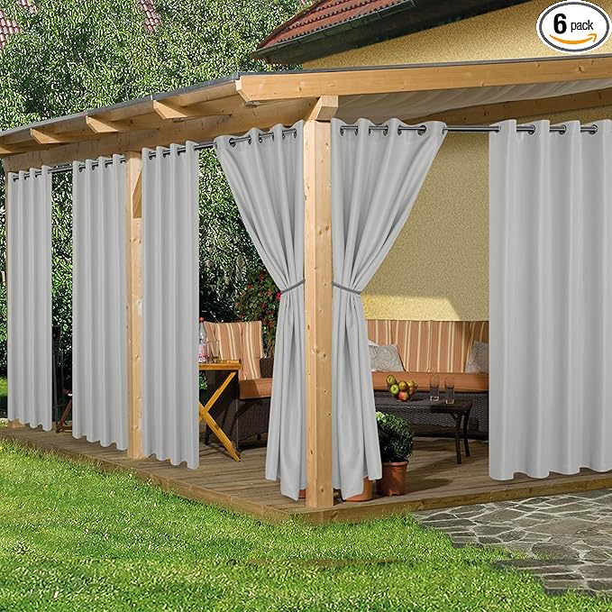 HolidayIdeas Outdoor Curtains for Patio Waterproof, 6 Panels - 54x95 Inches - Weatherproof Privacy Outsides Curtains for Cabana Porch Pergola, Sunlight & UV Blocking (Silver, Grommet Top)