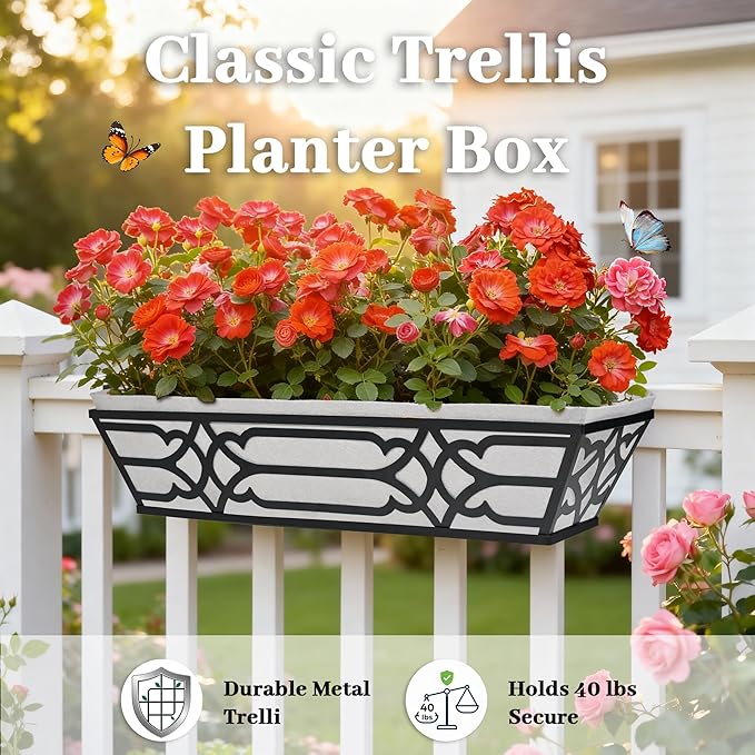 2 Pack 24 Inch Railing Boxes Planter for Outdoor Plants Adjustable Brackets for Porch Fence and Balcony Window Planter Box with Non-Woven Fabric Liner for Hanging Flower Baskets (2, Black)