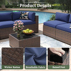 Aoxun 7 Piece Patio Furniture Set Wicker Rattan Patio Conversation Set Outdoor Sectional Sofa Set with Coffee Table and Thickened Cushions, Blue(Waterproof Cover Included)