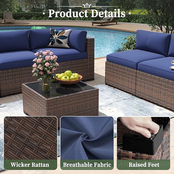 Aoxun 7 Piece Patio Furniture Set Wicker Rattan Patio Conversation Set Outdoor Sectional Sofa Set with Coffee Table and Thickened Cushions, Blue(Waterproof Cover Included)