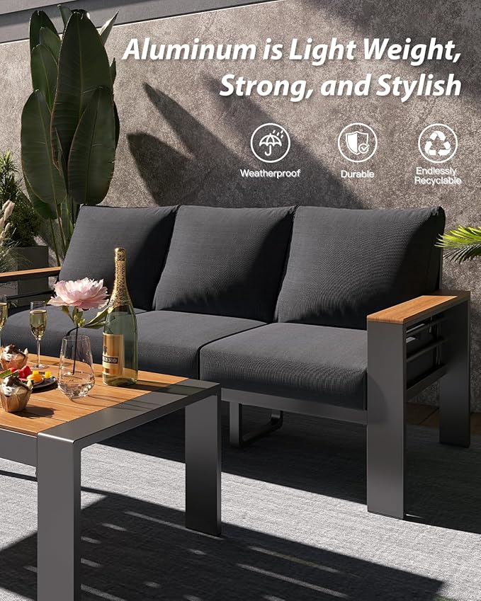 Aoxun Aluminum Outdoor Patio Furniture Set, 7 Seats Outdoor Sectional with Coffee Table, Patio Conversation Sets with Upgraded Armrests and Cushions for Backyard, Garden and Poolside