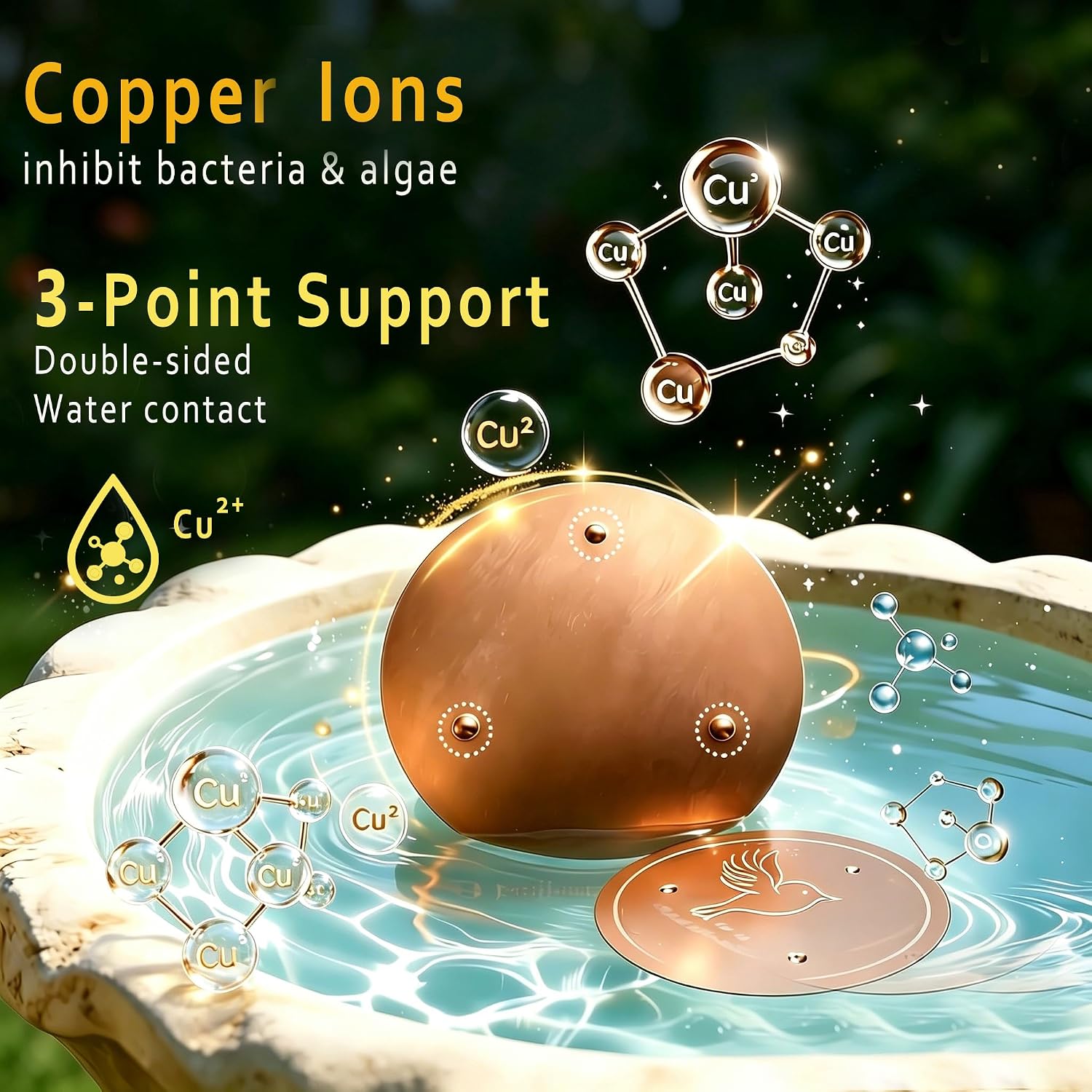 Bird Bath Copper Disk, 99.9% Pure Copper Disc to Keep Water Clean, Physical Safe Water Purification for Garden Birdbaths, Universal Fit for Concrete, Glass & Ceramic Bowls, All-Season Cleaner