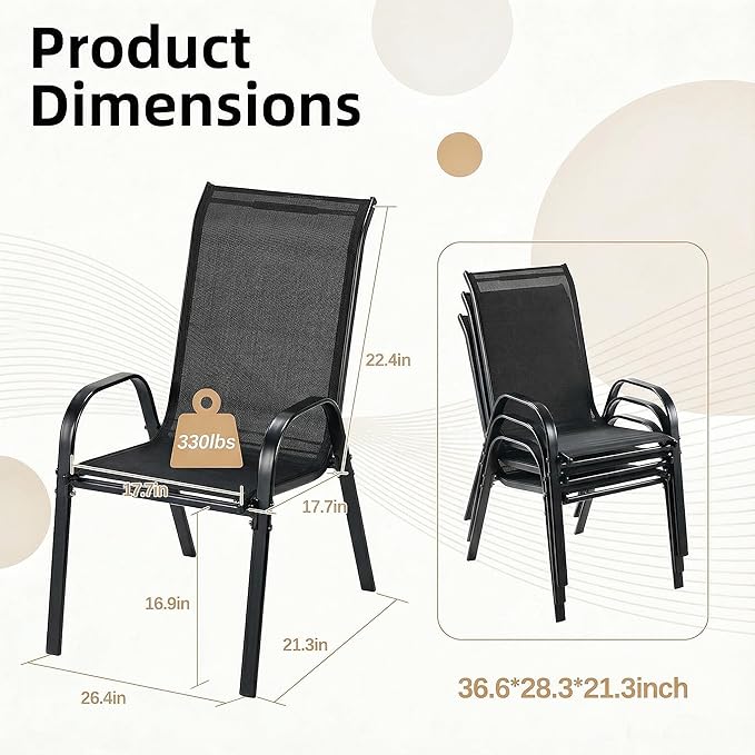 MAMIZO Patio Dining Chairs, Stackable All Weather Teslin Chair, Heavy Duty Outdoor Breathable Chairs Set, w/Armrests, Upgraded Chair FeetW/Strenthened Iron Spacers, 330 LBS (4, Black)