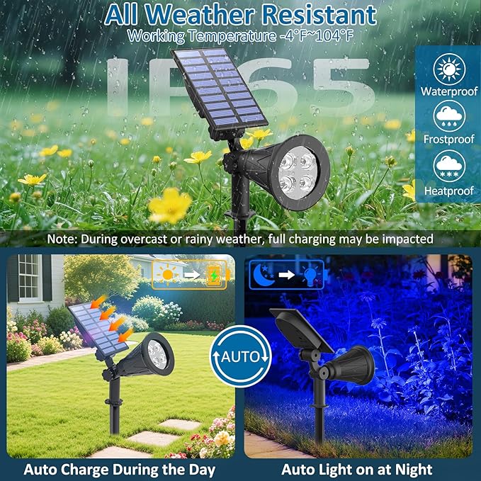 T-SUNUS Blue Solar Lights Outdoor Christmas, 2 Modes Garden Spotlights Waterproof IP65 Auto On/Off Security Landscape Pond Spot Light for Tree Flag Patio Garage Yard Driveway Pool Halloween 2 Pack
