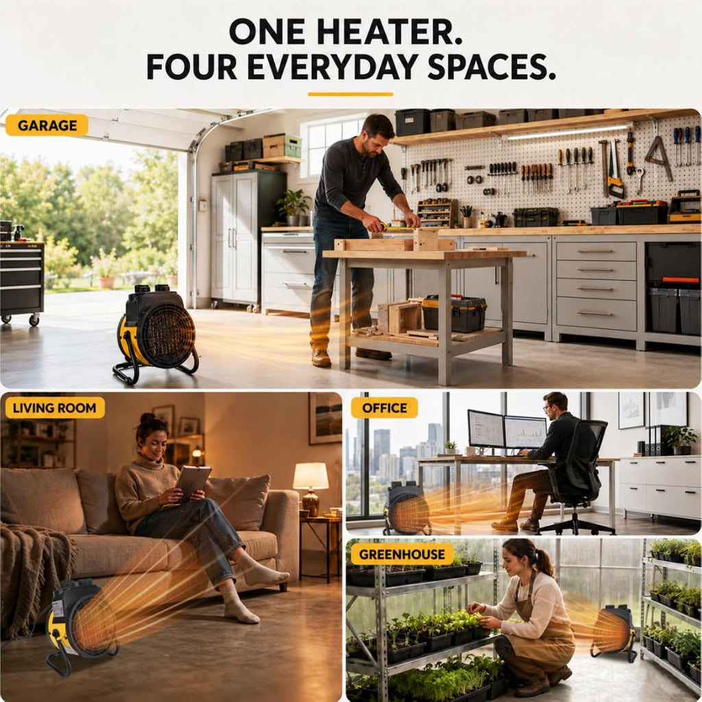 outdoor heaters for patio, 1500w portable garage heater, front angle view