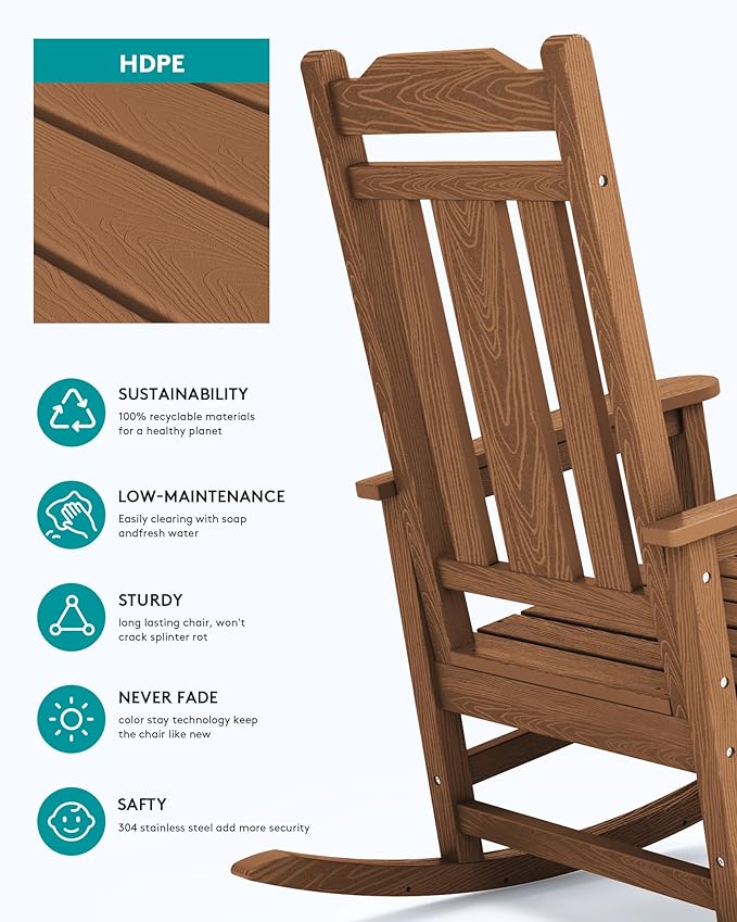 SERWALL Outdoor Rocking Chair Brown Set of 8, All Weather Patio Rocking Chair, HDPE Poly Rocking Chair for Adults, Heavy Duty Front Porch Rocker