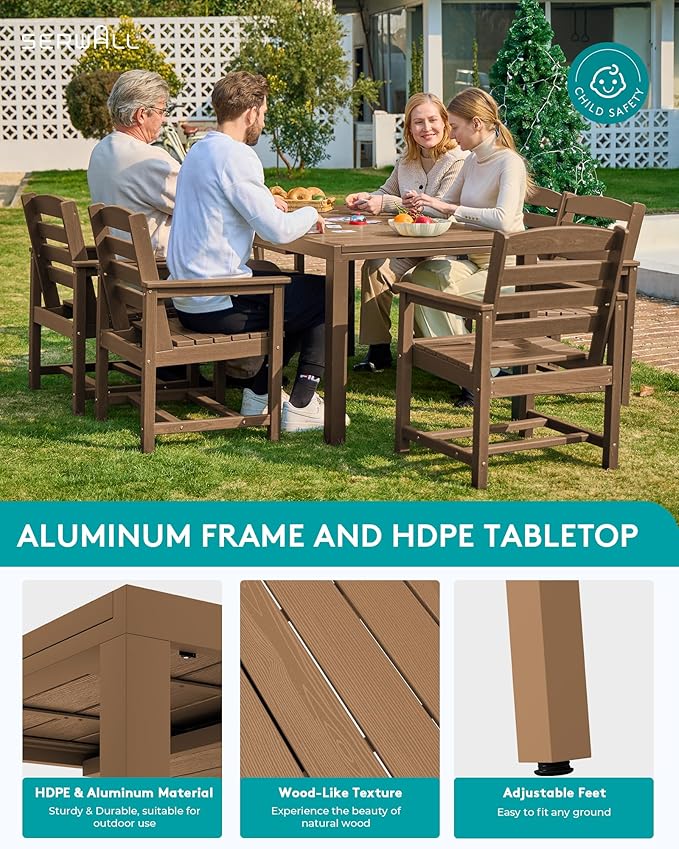 SERWALL 7-Piece Patio Dining Sets, 60" - 83" Expandable Outdoor Dining Table and 6 HDPE Chairs, All Weather HDPE Outdoor Furniture Set for Backyard, Garden, Brown
