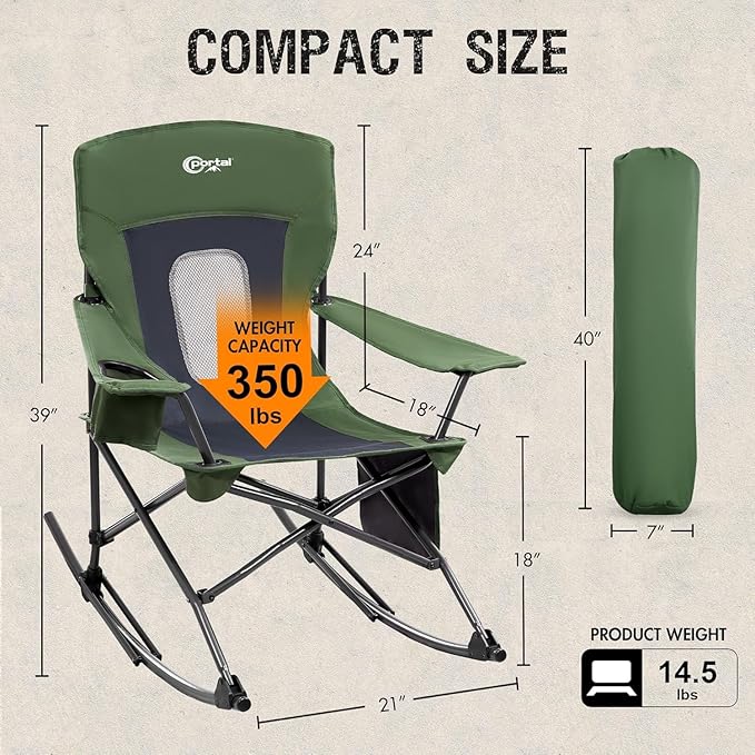 Portal Outdoor Rocking Chair Camping Folding Portable Rocker with Cup Holder Side Pocket Carry Bag, Support 350LBS (Mesh Green), 2 Pack