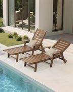Carauci Lounge Chair Outdoor, HDPE Chaise Lounge with Wheels, 5-Position Adjustable Backrest & 2 Cup Holders Patio Lounge Chair, All-Weather Pool Sun Lounger for Poolside, Backyard, Teak