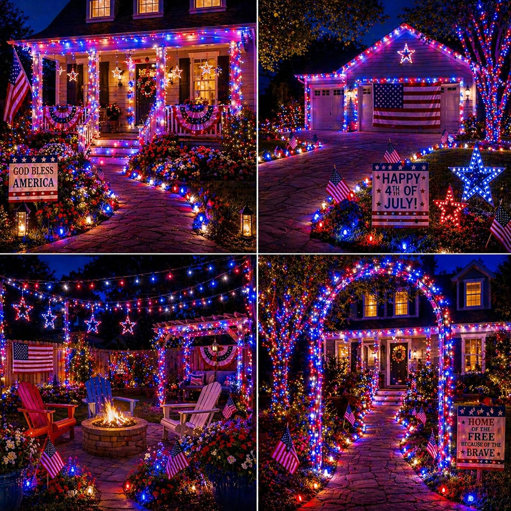 2 Pack 100 LED 38.4FT Red White and Blue Lights Battery Operated, 8 Modes with Timer, Patriotic Indoor/Outdoor Party Decor for Memorial Day & Independence Day 4th of July Decor