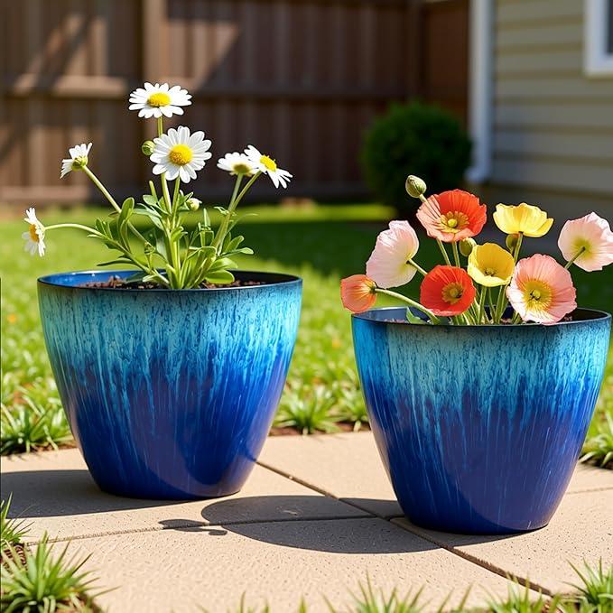 Pack of 2 Flower Pots, Plastic Plant Pots with Drainage Holes, 8 inch Modern Glossy Finishing Planter for Indoor Outdoor Plants (Blue Glaze, 2 Pack)