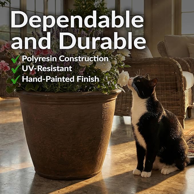Sunnydaze 20-Inch Anjelica Large Plastic Pot for Plants - Outdoor Double-Walled Large Plastic Planter with Drillable Drainage Holes - Sable - 4pk