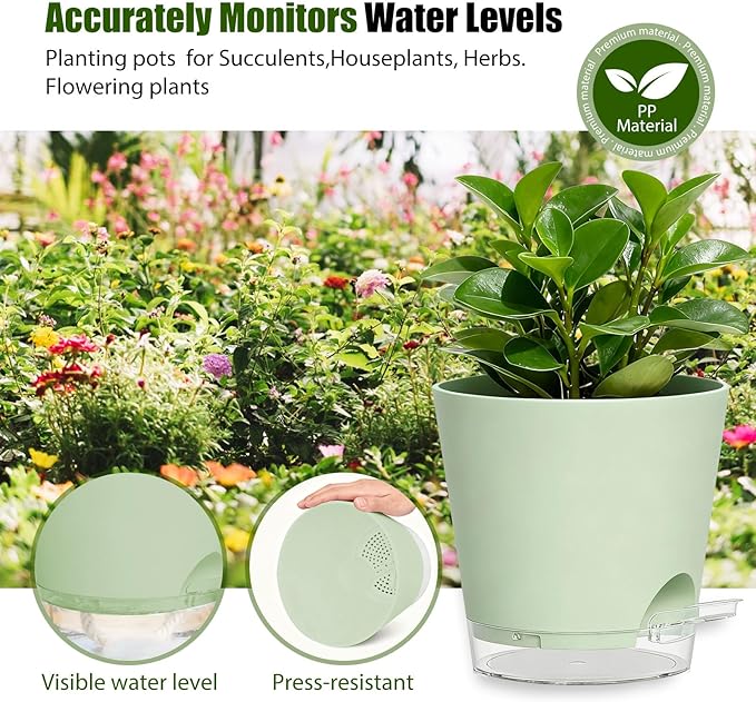 Plant Pots 4 Inch Self Watering Pots,6 Pack Plastic Planters with Drainage Holes and Clear Saucers,Plastic Flower Pots,Nursery Planting Pot for Indoor Out Door Plants (Green)