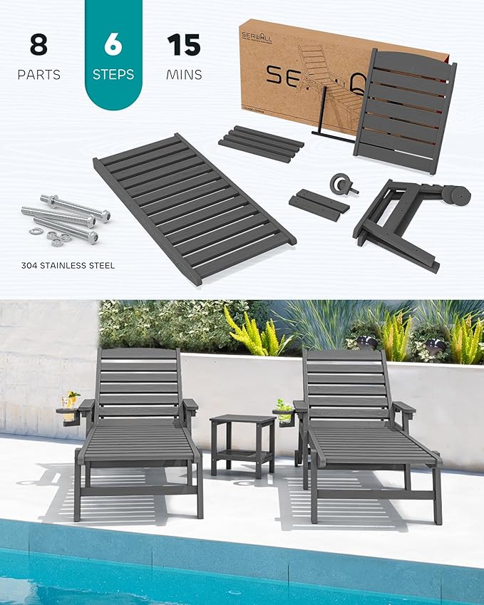 SERWALL Patio Chaise Lounge Chair Set of 6, 5 Positions Adjustable Poly Outdoor Lounger for Pool, HDPE Lounge Chair with Rolling Wheels & Cup Holder for Poolside, Deck, Slate Gray