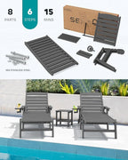 SERWALL Patio Chaise Lounge Chair Set of 6, 5 Positions Adjustable Poly Outdoor Lounger for Pool, HDPE Lounge Chair with Rolling Wheels & Cup Holder for Poolside, Deck, Slate Gray