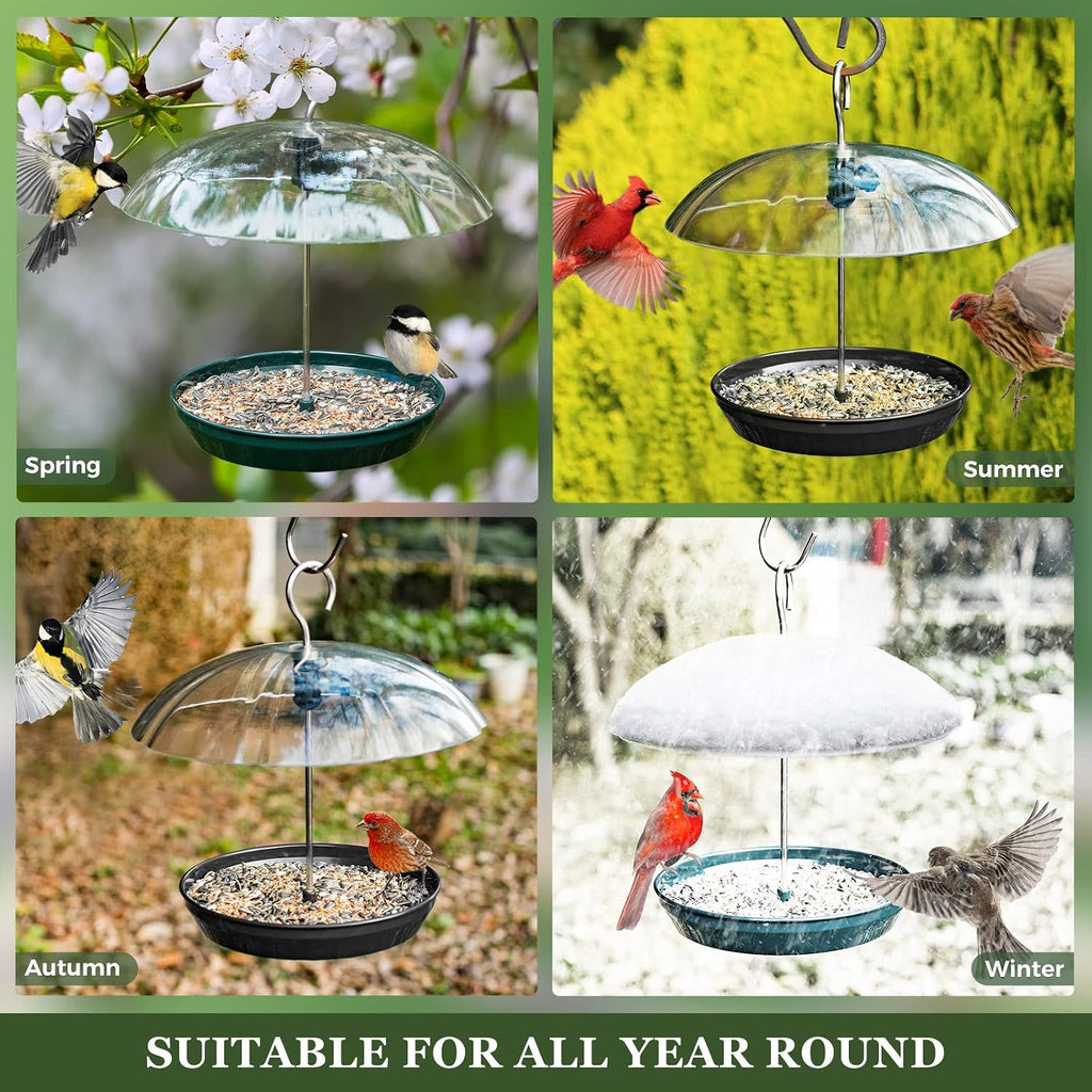 Kingsyard Platform Bird Feeder with Adjustable Dome for Outdoors Hanging | Metal Tray, Adjustable Dome, Adjustable Bird Access, Rain-Resistant, Drainage Holes, Seed & Mealworm Feeder, Green, 2 Pack