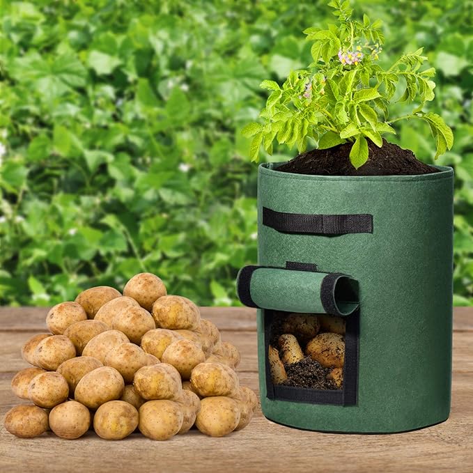Delxo 5 Pack 10 Gallon Potato Grow Bags, Garden Planting Growing Bag with Flap, Double Layer Breathable Nonwoven Cloth for Potatoes/Planter/Vegetable/Tomato Fabric Pots with Handles Green