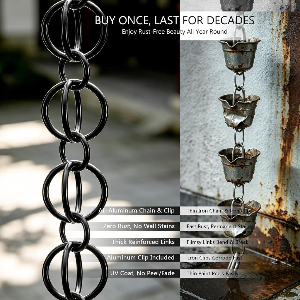 3 ft aluminum rain chain for gutters outside, side view