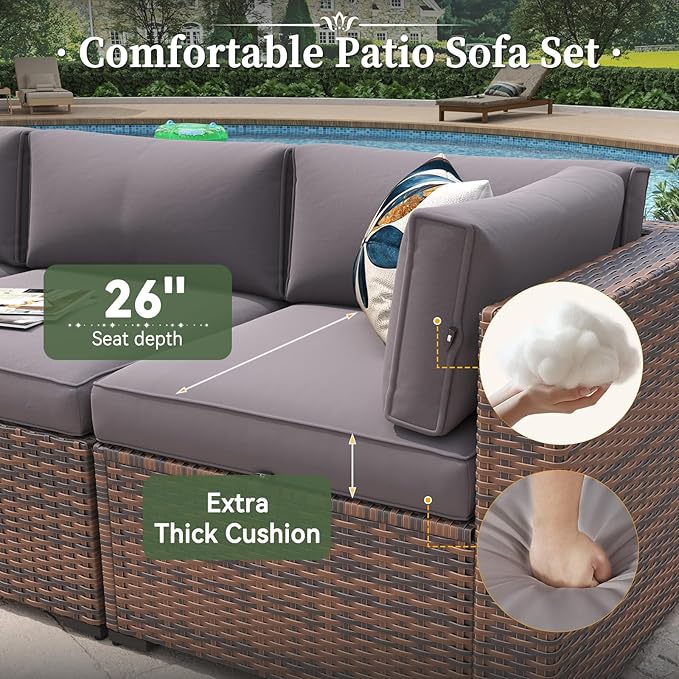 Aoxun 14 Piece Patio Furniture Set Wicker Rattan Patio Conversation Set Outdoor Sectional Sofa Set with Coffee Table and Thickened Cushions, Gray(Waterproof Cover Included)