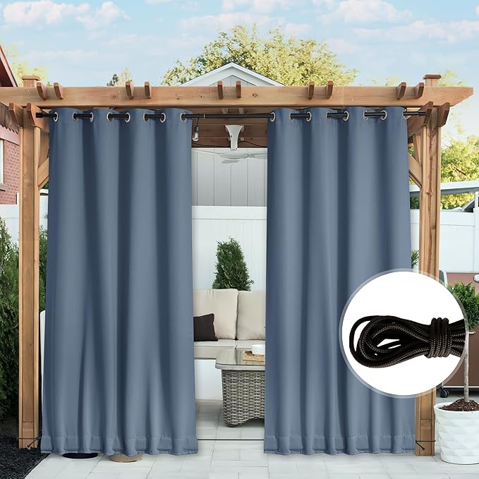 NICETOWN 2 Panels Outdoor Curtains for Patio Waterproof & Windproof, Extra Wide Grommet & Back Tab on Top & Bottom Thermal Insulated Sun Blocking Drapes with Rope for Deck, Stone Blue, W100 x L95