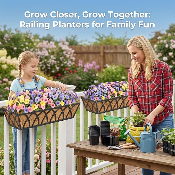 HFHOME 4 Pcs 30" Window Box Deck Railing Planter with Horse Trough Coco Liners, Black Metal Hanging Flower Planters Baskets for Indoor, Outdoor, Balcony, Porch, Fence, Patio, and Lawn