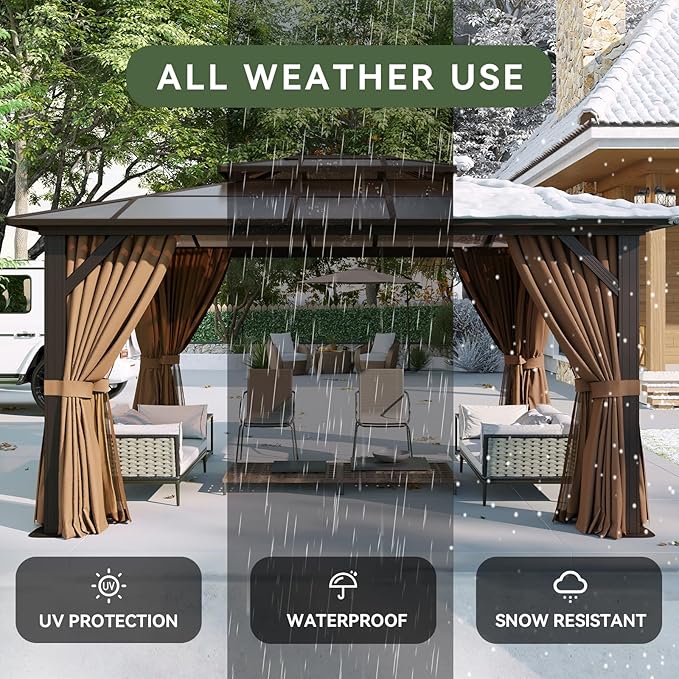 Aoxun 12'x14' Hardtop Gazebo with Double Polycarbonate Roof, Aluminum Frame Permanent Pavilion Includes Netting & Curtains for Patio, Lawn & Garden (Khaki)