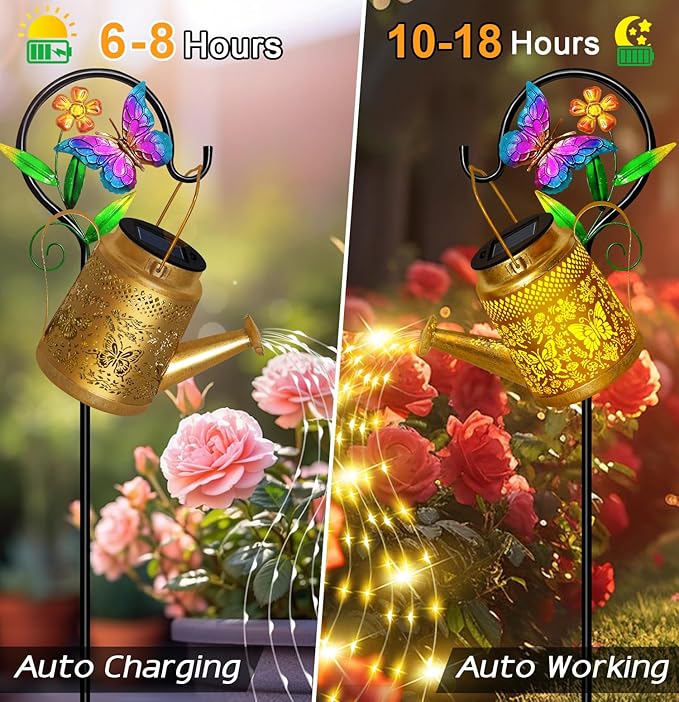 Butterfly Solar Watering Can Lights, Outdoor Waterproof Garden Lanterns with Shepherd Hook, Solar Garden Decor for Yard Outdoor Landscape Pathway, Gift for Women Mom Grandma,Christmas Gifts, 2 Pack