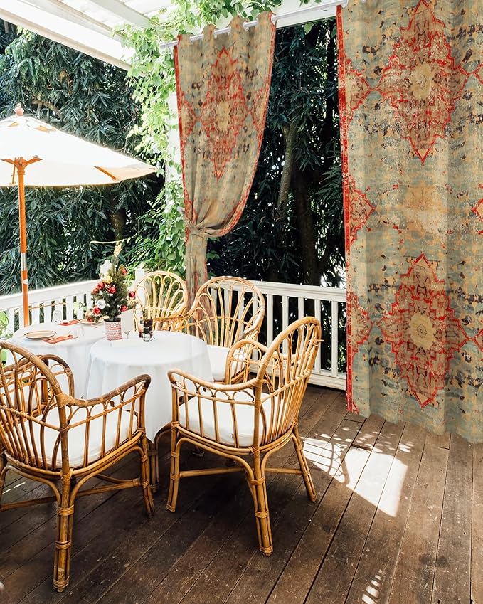 Boho Outdoor Curtains for Patio Waterproof, Grommet Privacy Curtain Drapes Weatherproof Outside Curtains for Porch GazeboPergola Cabana 2 Panel 54x108inch Rustic Bohemian Floral Tribal Orange