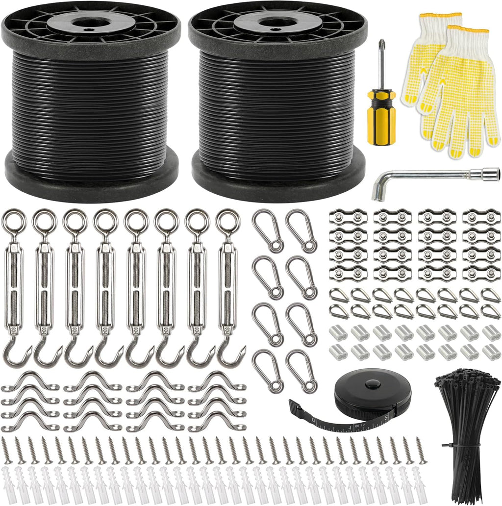 400 Ft String Light Hanging Kit, Coated Stainless Steel 304 Wire Rope | String Light Kit Included Enough Accessories, Guide Wire for Outdoor String Lights, Patio Lights, Camping Lights