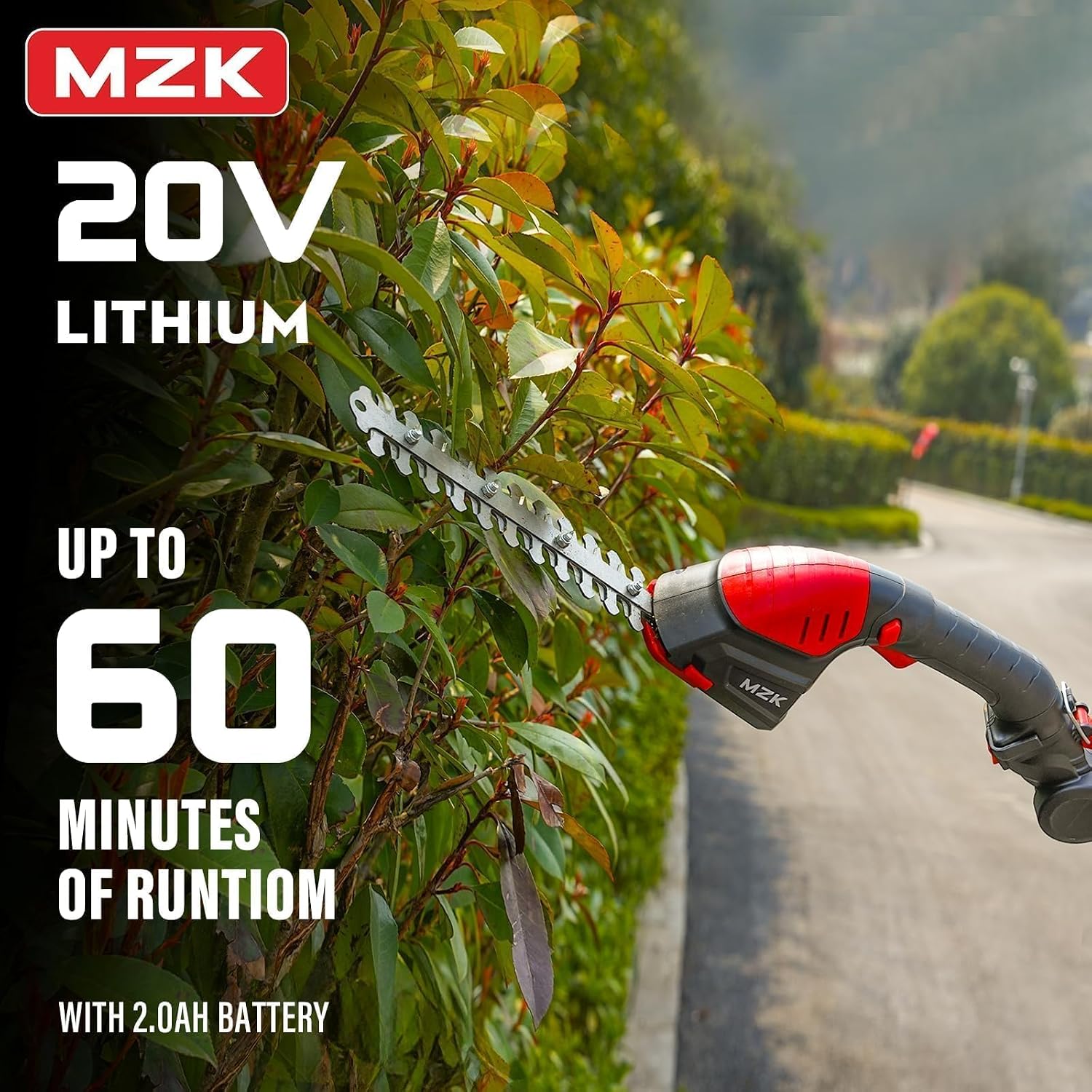 MZK 20V 2-in-1 Pole Hedge Trimmer & Grass Shear, 13-Foot Reach | Multi-angle cordless trimmer with extension pole for hedges, grass shearing, shrubs, and yard care.