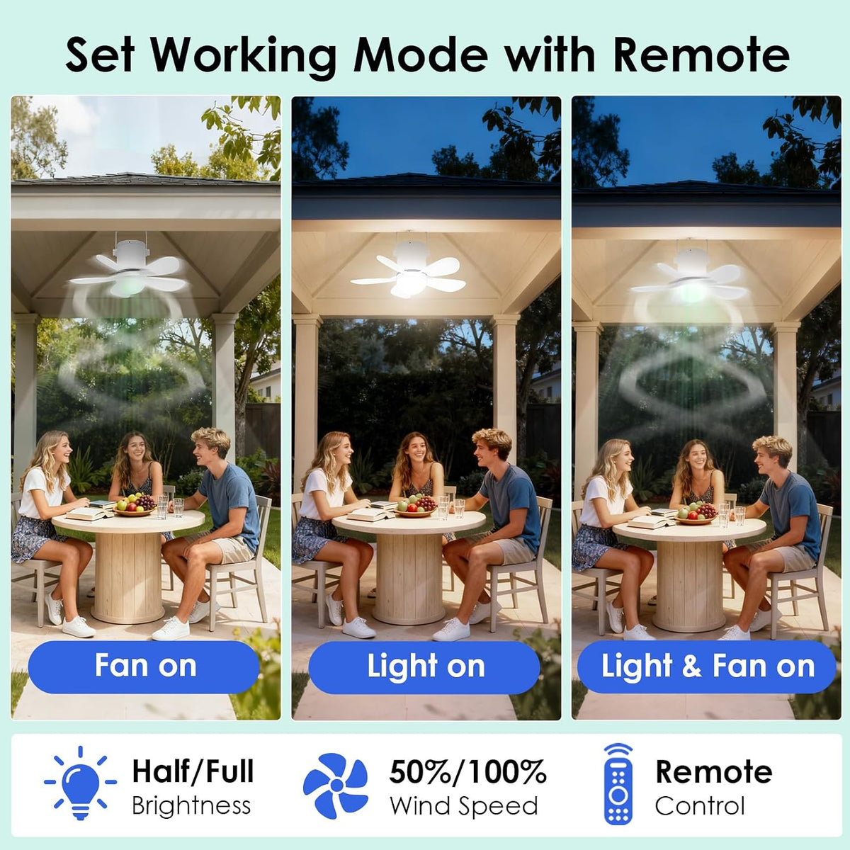 ceiling fan light, battery operated gazebo fan light, side view