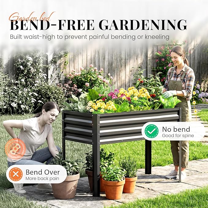 KING BIRD Large Raised Garden Bed with Legs Galvanized Elevated Planter Box 48×24×32 in for Backyard, Patio, Balcony, 400lb Capacity, Dark Grey 2pcs