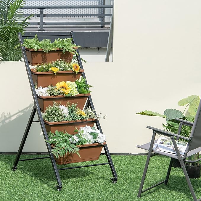 Giantex 2 Pcs Vertical Planter Raised Bed on Wheels, Elevated Garden Beds with Water Drainage Hole, Freestanding 5 Container Boxes for Herb Vegetables Flowers Growing, Outdoor Indoor Patio Balcony