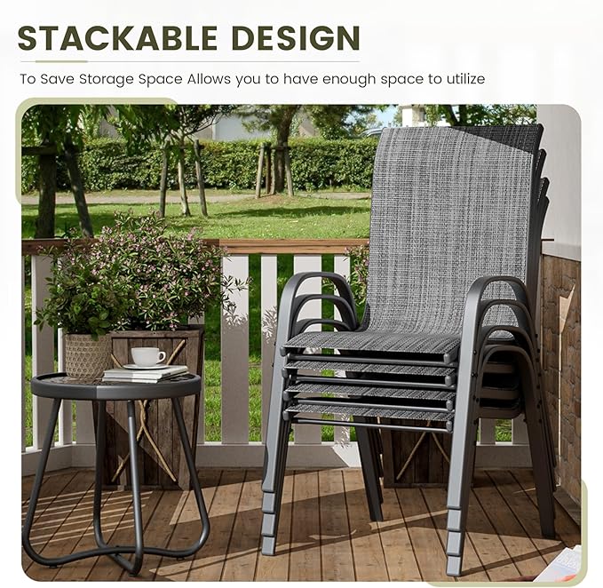 UDPATIO Patio Chairs Set of 4, Stackable Outdoor Dining Chairs with High Back, Textilene Fabric Breathable Outdoor Chair All Weather, 350LBS Capacity for Garden, Backyard (Dark Grey)