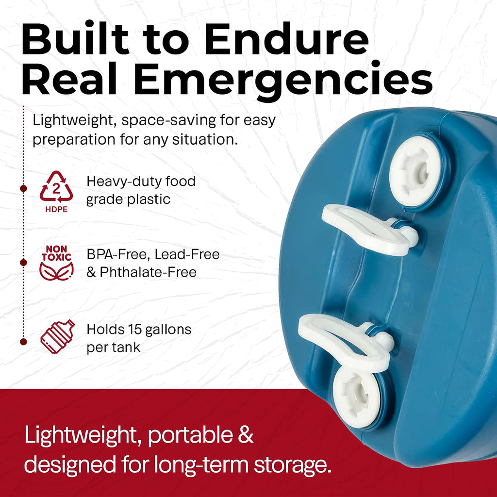 Legacy Food Storage Emergency Water Storage Container, 15 Gallon Long-Term Water Tank, BPA-Free Food Grade Plastic, Light-Blocking Design, 2 Carry Handles, Siphon Hose Included (15.7" D x 21.5" H)