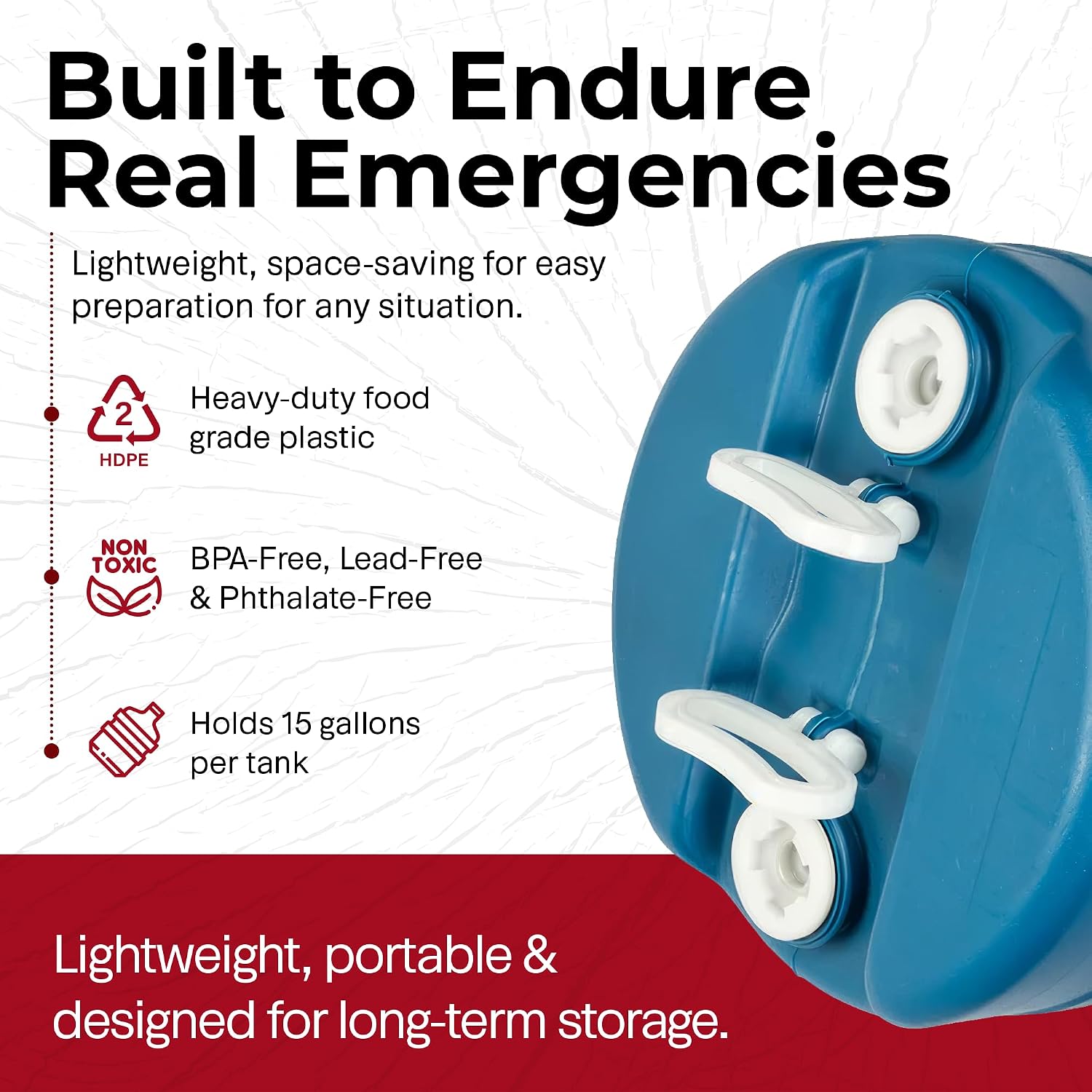 Legacy Food Storage Emergency Water Storage Container, 15 Gallon Long-Term Water Tank, BPA-Free Food Grade Plastic, Light-Blocking Design, 2 Carry Handles, Siphon Hose Included (15.7" D x 21.5" H)
