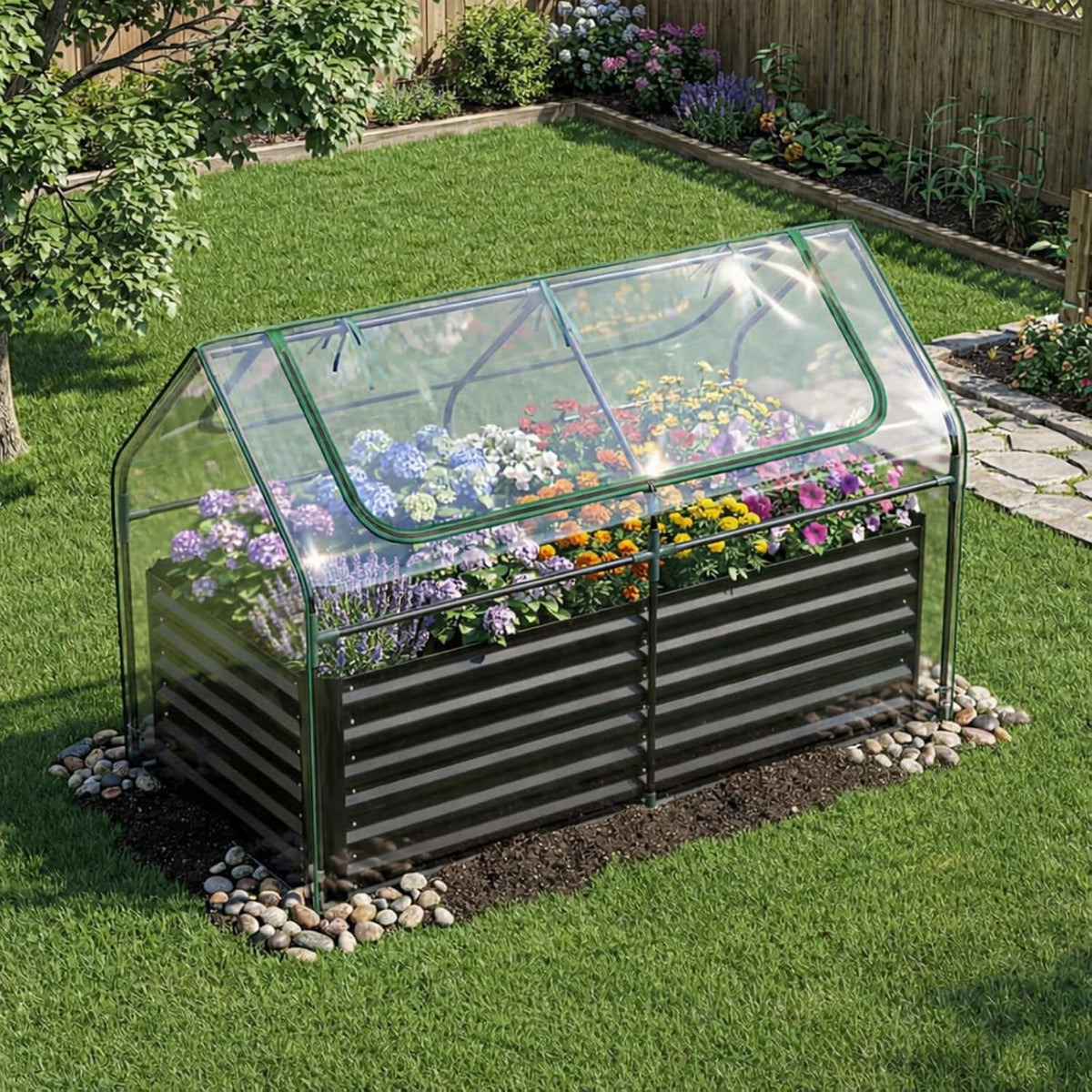 giantex 3-in-1 metal raised garden bed with greenhouse, main product view