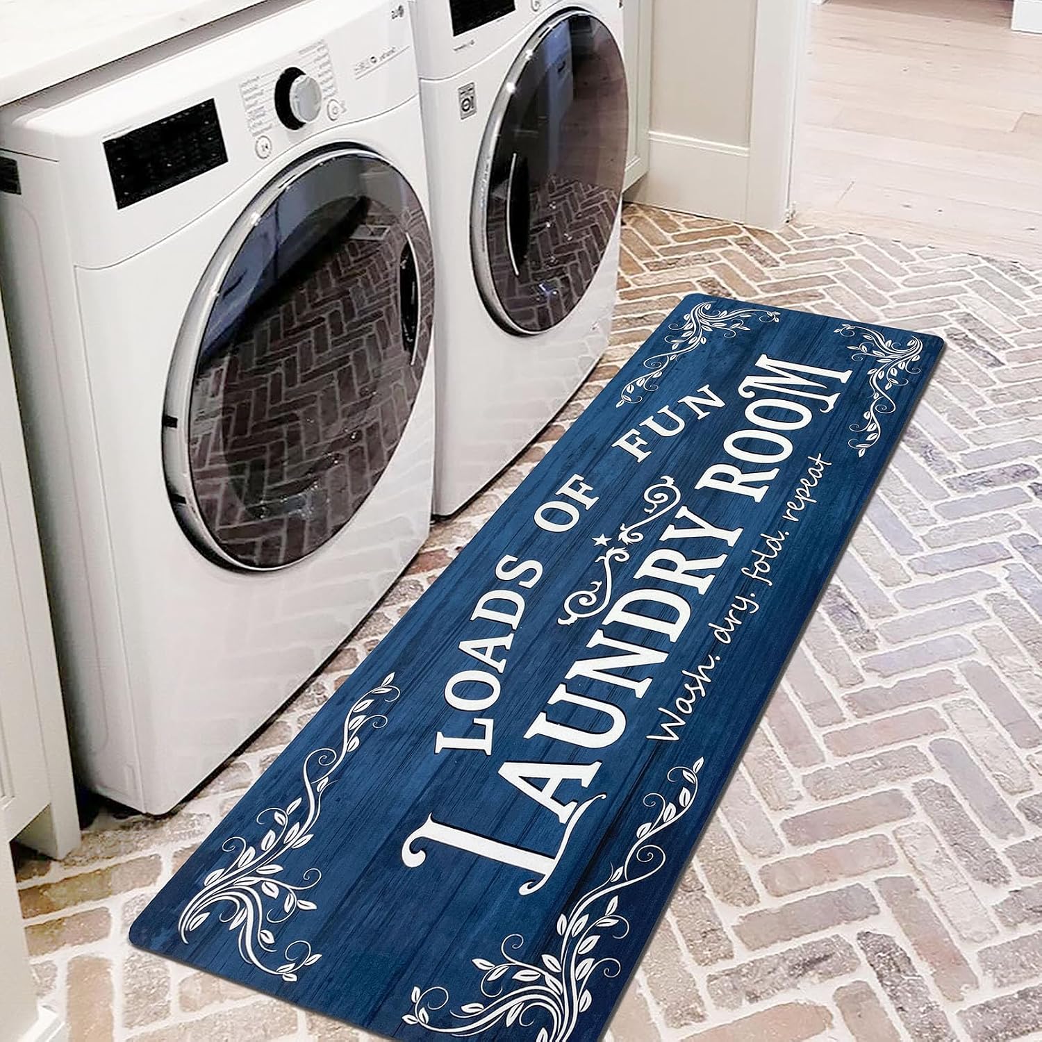 Lansny 20''x48'' Laundry Room Rug Non Slip Waterproof Laundry Mat | Navy Blue;Laundry Room Runner Rug;Farmhouse Laundry rug for Bathroom Washroom Mudroom Floor Decor;4ft Runner Rug Non Skid