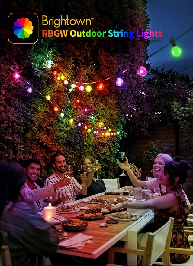 Brightown RGBW Outdoor String Lights, 29FT LED Patio Lights with Remote and Timer, Commercial Grade Waterproof Hanging Lights with 13 Shatterproof Bulbs(1 Spare) for Backyard Porch Garden Party Decor